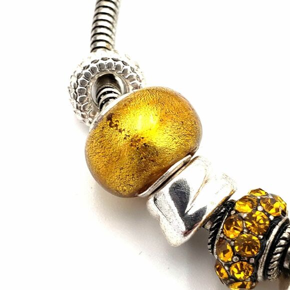 Silver Tone Glass Bead Charm Bracelet Honey Gold Cream Brown Neutral Chunky - Picture 4 of 7